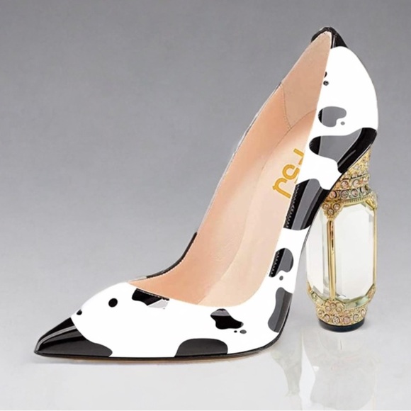 FSJ Women Bridal Pointed Toe Chunky Block High Heel Crystal Pumps Slip-on - Picture 5 of 7